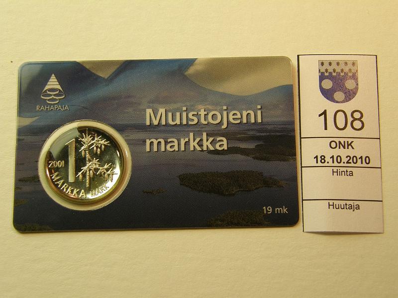 kohde_108_a.jpg - Kohde 108, lhthinta: 4 € 1 mk 2001 muistojeni markka kortissa, kunto: 9.