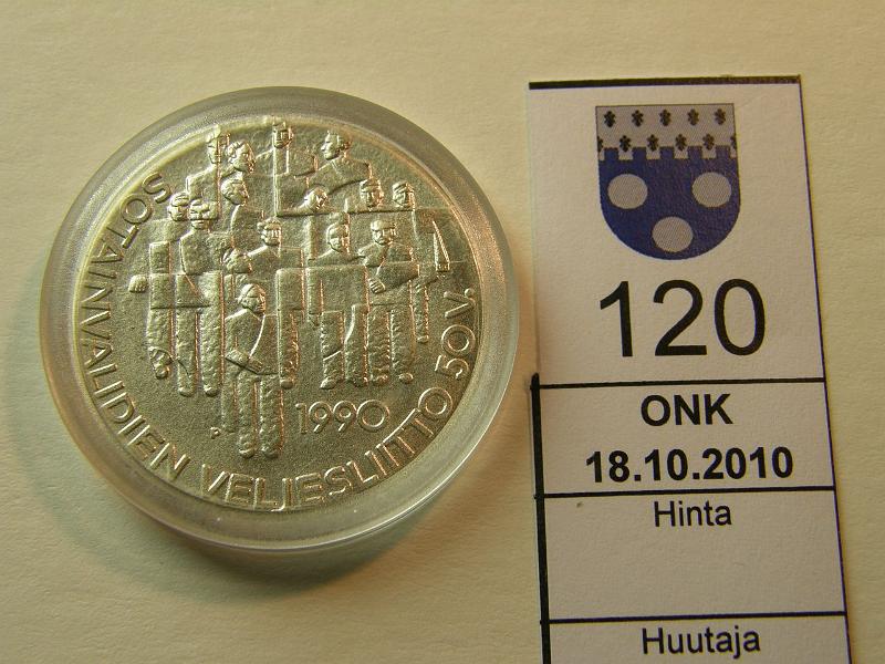 kohde_120_a.jpg - Kohde 120, lhthinta: 16 € 100 mk 1990 Ag, sotainvalidit, kapseli, kunto: 9.