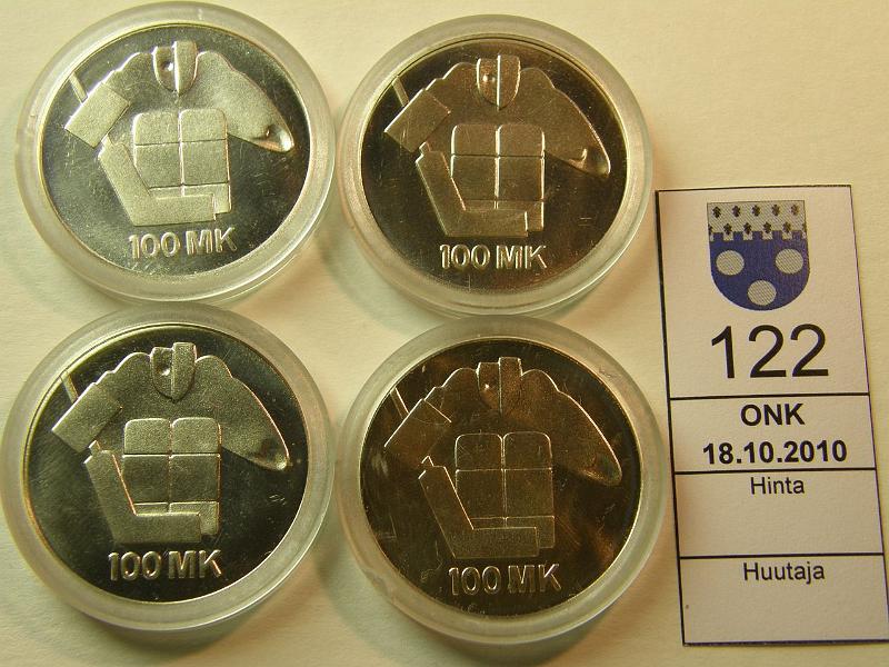 kohde_122_a.jpg - Kohde 122, lhthinta: 40 € 100 mk 1991 (4) Ag, jkiekko, kapseleissa vikoja, kunto: 9.