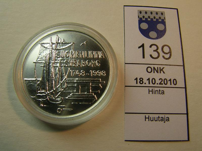 kohde_139_a.jpg - Kohde 139, lhthinta: 20 € 100 mk 1998 Ag, Suomenlinna, kapseli, kunto: 9.