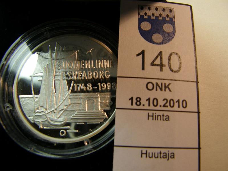 kohde_140_a.jpg - Kohde 140, lhthinta: 50 € 100 mk 1998 Ag, proof, Suomenlinna, kotelo, tod, kunto: 10.