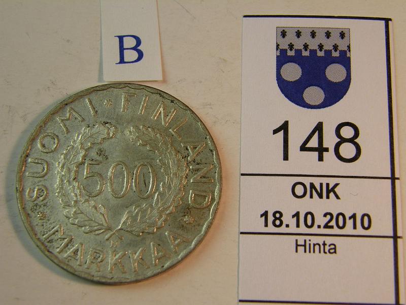 kohde_148_b.jpg - Kohde 148, arvopuoli, lhthinta: 18 € 500 mk 1952 Ag, SNY 656.1, hieman likaa, kunto: 6/7.