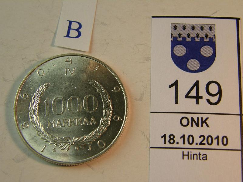 kohde_149_b.jpg - Kohde 149, arvopuoli, lhthinta: 15 € 1000mk 1960 Ag, Suomen markka 100 v, kunto: 9.