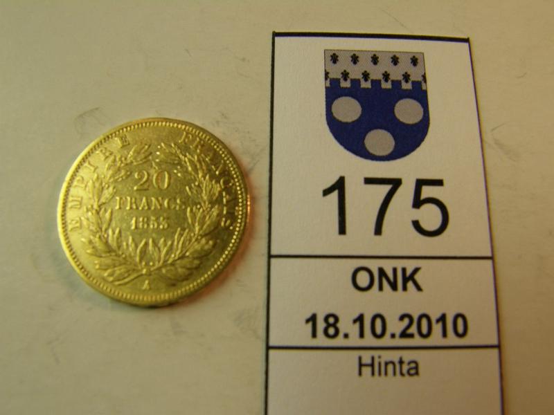 kohde_175_a.jpg - Kohde 175, lhthinta: 120 € Ranska 20 frangia 1853 KM#781.1 Au 6.4516g / 900, Napoleon III, kunto: 5/4.