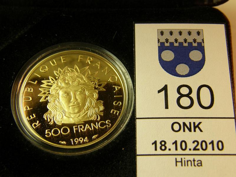 kohde_180_a.jpg - Kohde 180, lhthinta: 350 € Ranska 500 fr 1994 KM#1059 Au, proof, 16.97g / 9167, olympia 100v-sarjaa, kotelo, tod, kunto: 10.