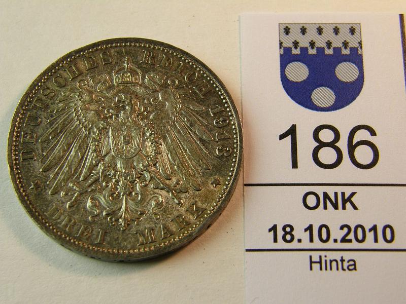 kohde_186_a.jpg - Kohde 186, lhthinta: 10 € Saksa 3 mark 1913 KM#1275 Ag, 16.67g / 900, Saxe-Weimar-Eisenach, Leipzigin taistelun muistopiv, prv, kunto: 7.