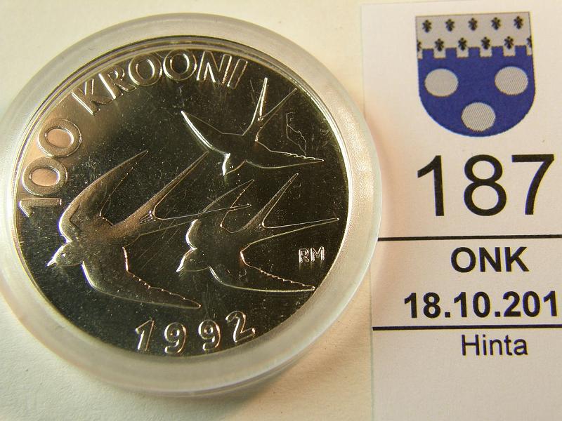 kohde_187_a.jpg - Kohde 187, lhthinta: 10 € Eesti 100 krooni 1992 KM#27 Ag, proof, 24g / 925, kapseli, kunto: 10.