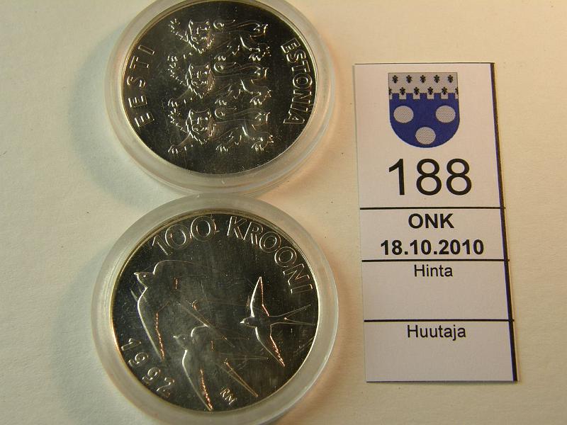 kohde_188_a.jpg - Kohde 188, lhthinta: 20 € Eesti 100 kr 1992 KM#27 (2) Ag, proof, 24g / 925, kapseleissa vikoja, kunto: 9.