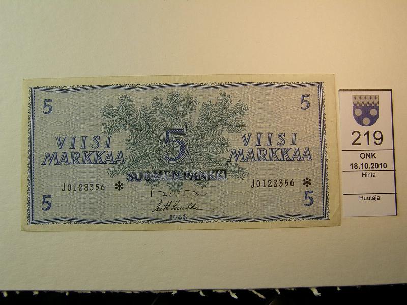 kohde_219_a.jpg - Kohde 219, lhthinta: 40 € 5 mk 1963 * J0128356* RO II-Luu. Rep. Korvaava. SNY 135.2, kunto: 5.