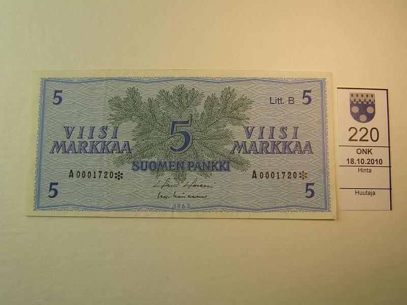 kohde_220_a.jpg - Kohde 220, lhthinta: 5 € 5 mk 1963 LB * A0001720* HOL-Lin. Korvaava. Painos 24 000. SNY 135.7, kunto: 5.