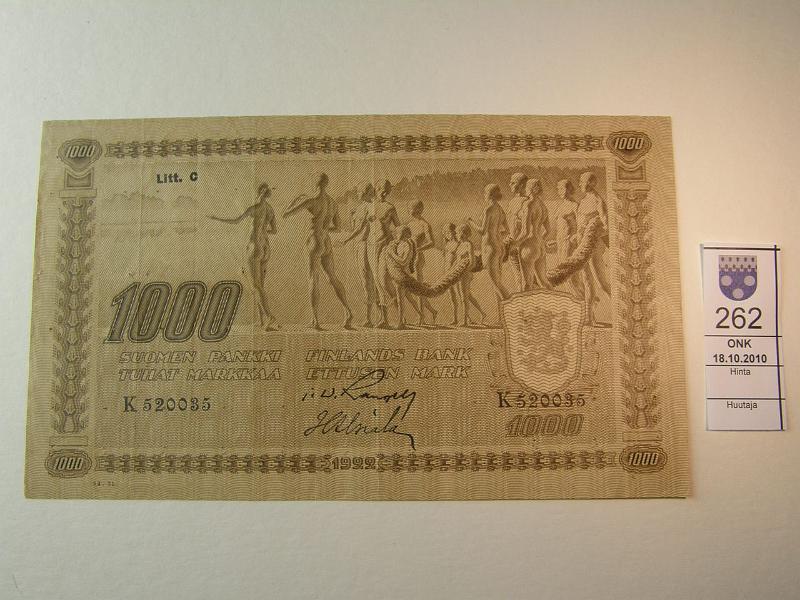 kohde_262_a.jpg - Kohde 262, lhthinta: 100 € 1000mk 1922 LC typ III K520035 RAN-Als. Useita pieni (niitin?) reiki. SNY 197.6, kunto: 4.