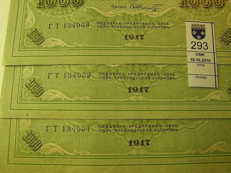 kohde_293_a.jpg - Kohde 293, lhthinta: 5 € Venj 1000 ruplaa 1917 P-37 3 per. nroa, reunoissa sanomista, ei taitteita, kunto: 8.