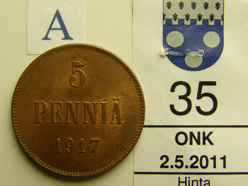 kohde_035_a.jpg - Kohde 35, arvopuoli, lhthinta: 5 € 5 p 1917 II leimakiiltoa, hpja, kunto: 8.