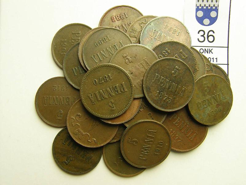 kohde_036_a.jpg - Kohde 36, lhthinta: 50 € 5 p Er (28) 1865-1917II, kaikki SNY 66-93, vk, osassa vikoja, kunto: 3-6.