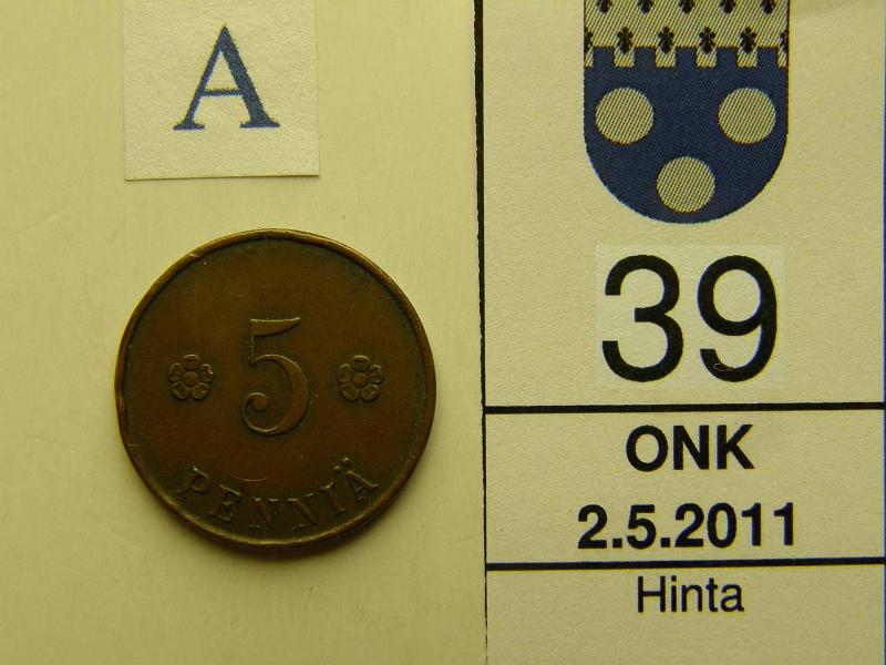 kohde_039_a.jpg - Kohde 39, arvopuoli, lhthinta: 20 € 5 p 1918 KV I, SNY 94.1, prvja, kunto: 6.