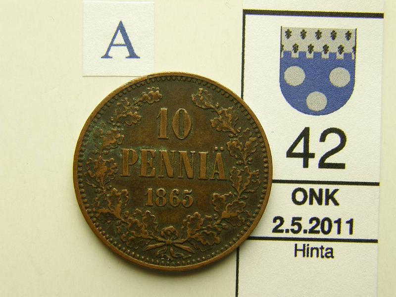 kohde_042_a.jpg - Kohde 42, arvopuoli, lhthinta: 50 € 10 p 1865 tumma patina, varsin hyv tlle vuodelle, kunto: 5/6.