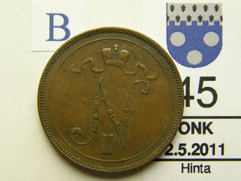 kohde_045_b.jpg - Kohde 45, tunnuspuoli, lhthinta: 10 € 10 p 1896 SNY 153.2, 6 vinossa, eprv, kunto: 3.