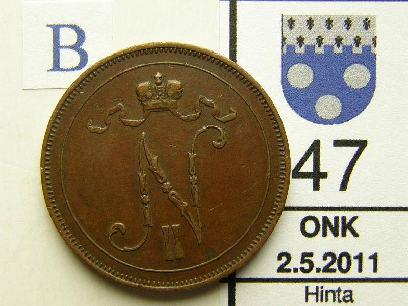 kohde_047_b.jpg - Kohde 47, tunnuspuoli, lhthinta: 5 € 10 p 1912 siisti, prv, kunto: 5/6.