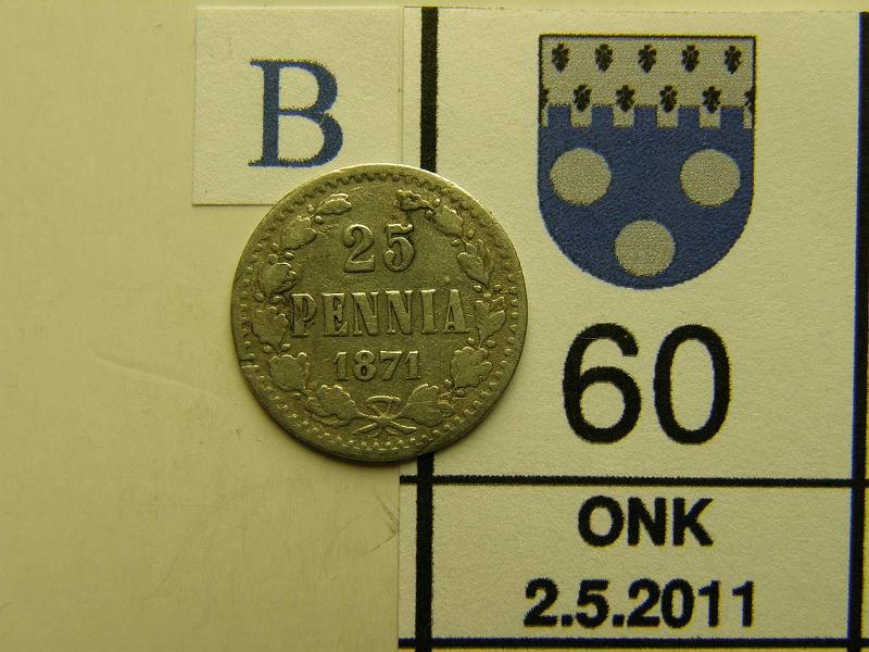 kohde_060_b.jpg - Kohde 60, arvopuoli, lhthinta: 40 € 25 p 1871 Ag, prvkja, taipunut, kunto: 2/3.