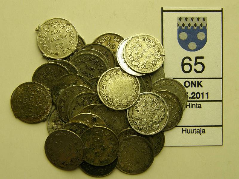 kohde_065_a.jpg - Kohde 65, lhthinta: 15 € 25 p Er (36) Ag, 1875-1917 (lisys: puolessa vikoja), kunto: 2-8.