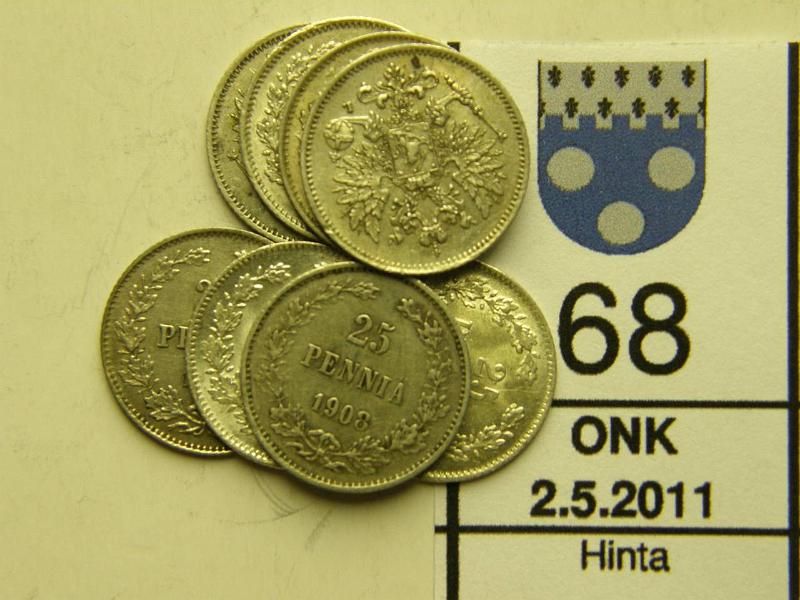 kohde_068_a.jpg - Kohde 68, lhthinta: 5 € 25 p Er (8) Ag, 1907-10, 1915-17I+II, 8 eril., kunto: 5-8.