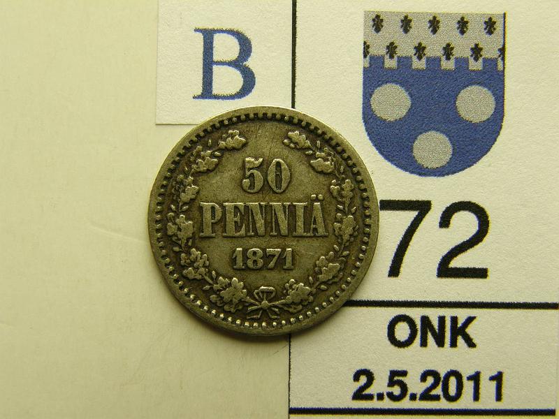 kohde_072_b.jpg - Kohde 72, arvopuoli, lhthinta: 5 € 50 p 1871 Ag, SNY 320.1, eprv, kunto: 4.