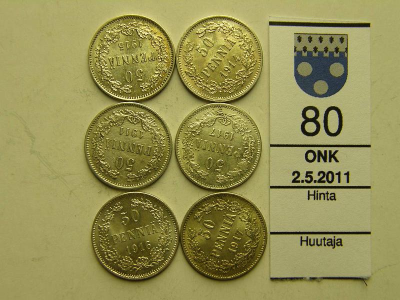 kohde_080_a.jpg - Kohde 80, lhthinta: 5 € 50 p Er (6) Ag, 1911-1917I+II, 6 eril., hyvi, 1914 II (Hol 408.2), kunto: 7-9.