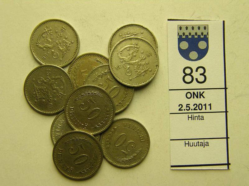 kohde_083_a.jpg - Kohde 83, lhthinta: 15 € 50 p Er (10) CuNi, 1921-40 kaikki, kunto: 5-7.