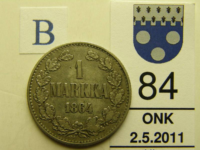 kohde_084_b.jpg - Kohde 84, arvopuoli, lhthinta: 120 € 1 mk 1864 Ag, SNY 397.2, kunto: 3/4.