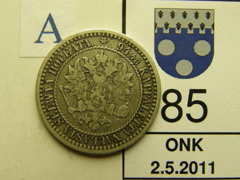 kohde_085_a.jpg - Kohde 85, tunnuspuoli, lhthinta: 20 € 1 mk 1866/5 Ag, viimeinen 6 uudelleenkaiverrettu 5 plle, SNY ei tunne tt varianttia, kunto: 4.