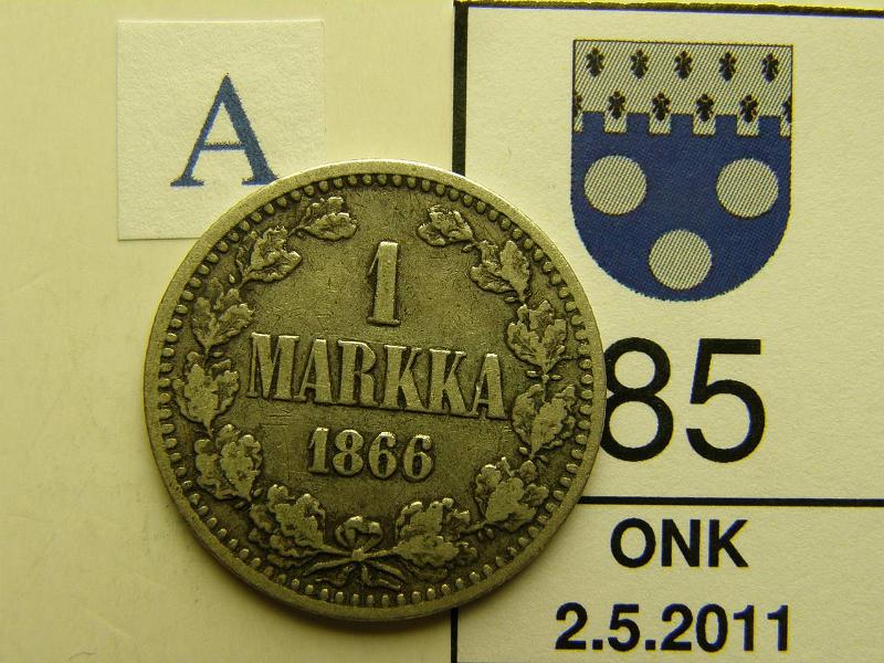 kohde_085_b.jpg - Kohde 85, arvopuoli, lhthinta: 20 € 1 mk 1866/5 Ag, viimeinen 6 uudelleenkaiverrettu 5 plle, SNY ei tunne tt varianttia, kunto: 4.