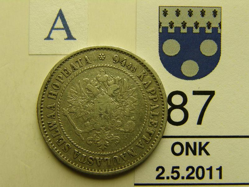 kohde_087_a.jpg - Kohde 87, tunnuspuoli, lhthinta: 15 € 1 mk 1872 Ag, SNY 402.1, kunto: 3/4.