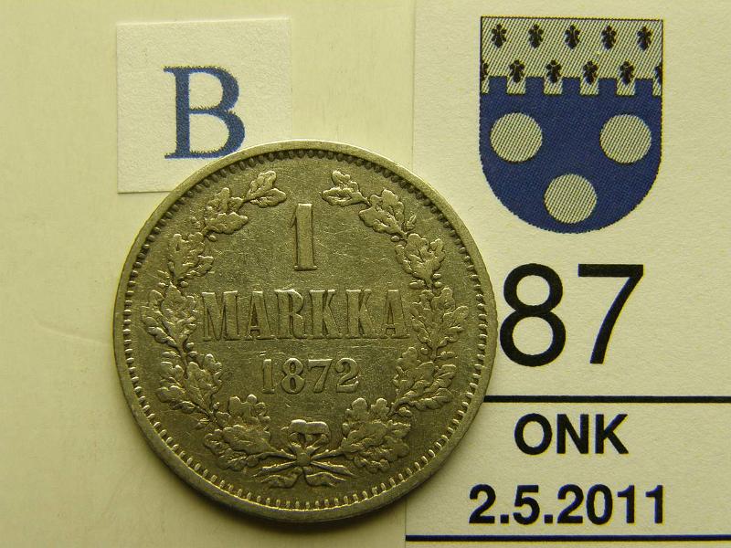 kohde_087_b.jpg - Kohde 87, arvopuoli, lhthinta: 15 € 1 mk 1872 Ag, SNY 402.1, kunto: 3/4.