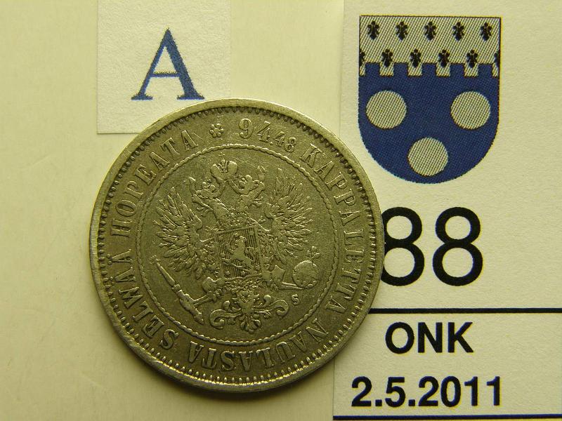 kohde_088_a.jpg - Kohde 88, tunnuspuoli, lhthinta: 10 € 1 mk 1874 Ag, kunto: 5.