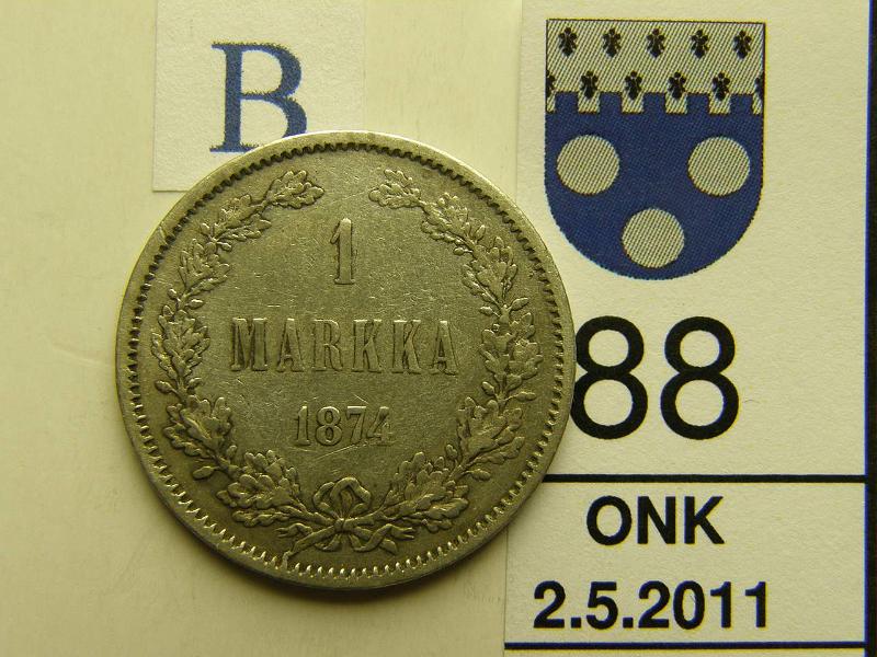 kohde_088_b.jpg - Kohde 88, arvopuoli, lhthinta: 10 € 1 mk 1874 Ag, kunto: 5.