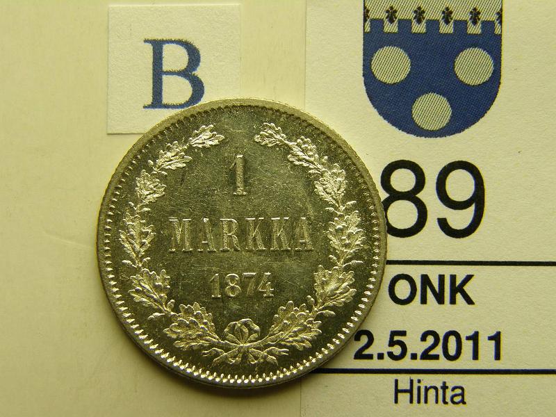 kohde_089_b.jpg - Kohde 89, arvopuoli, lhthinta: 450 € 1 mk 1874 Ag, kaunis!, kunto: 9/8.