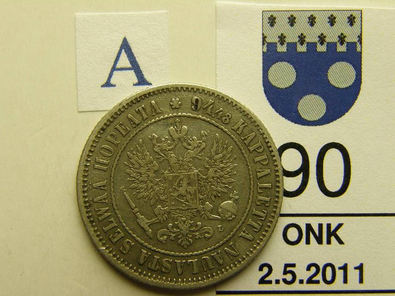 kohde_090_a.jpg - Kohde 90, tunnuspuoli, lhthinta: 10 € 1 mk 1890 Ag, kunto: 5.