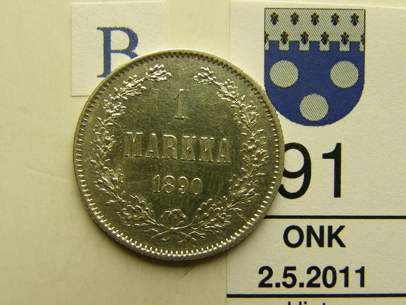 kohde_091_b.jpg - Kohde 91, arvopuoli, lhthinta: 70 € 1 mk 1890 Ag, kaunis!, kunto: 9/8.