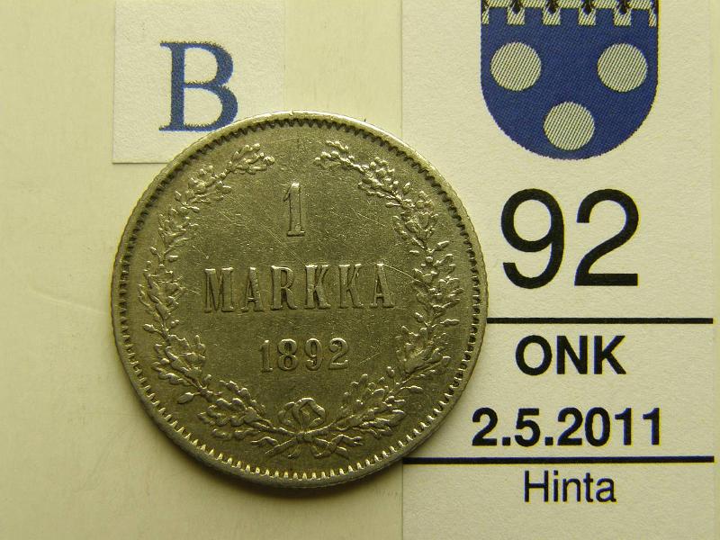 kohde_092_b.jpg - Kohde 92, arvopuoli, lhthinta: 15 € 1 mk 1892 Ag, kunto: 5.