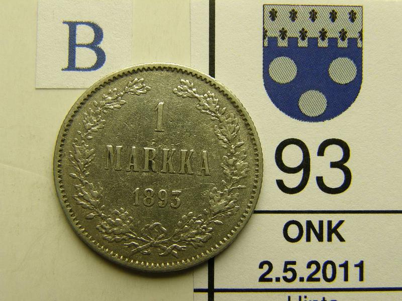 kohde_093_b.jpg - Kohde 93, arvopuoli, lhthinta: 15 € 1 mk 1893 Ag, kunto: 4/5.