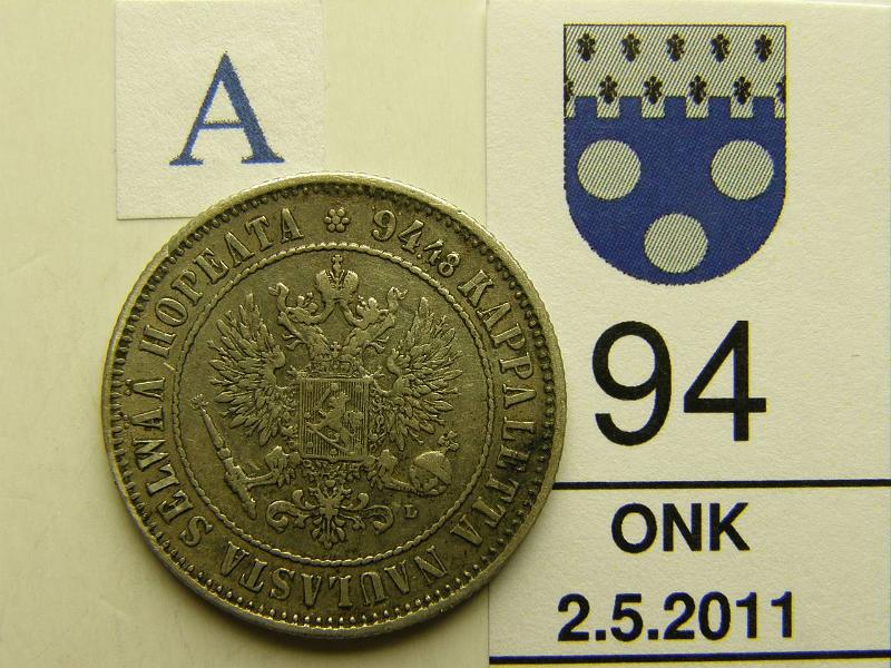 kohde_094_a.jpg - Kohde 94, tunnuspuoli, lhthinta: 15 € 1 mk 1907 Ag, tumma laikku, kunto: 5.