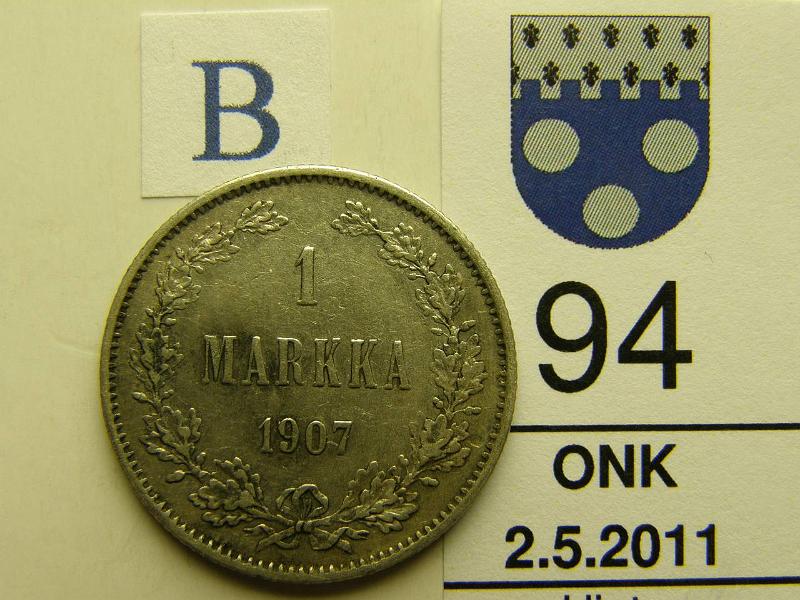 kohde_094_b.jpg - Kohde 94, arvopuoli, lhthinta: 15 € 1 mk 1907 Ag, tumma laikku, kunto: 5.