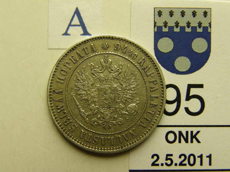 kohde_095_a.jpg - Kohde 95, tunnuspuoli, lhthinta: 20 € 1 mk 1908 Ag, kunto: 6.