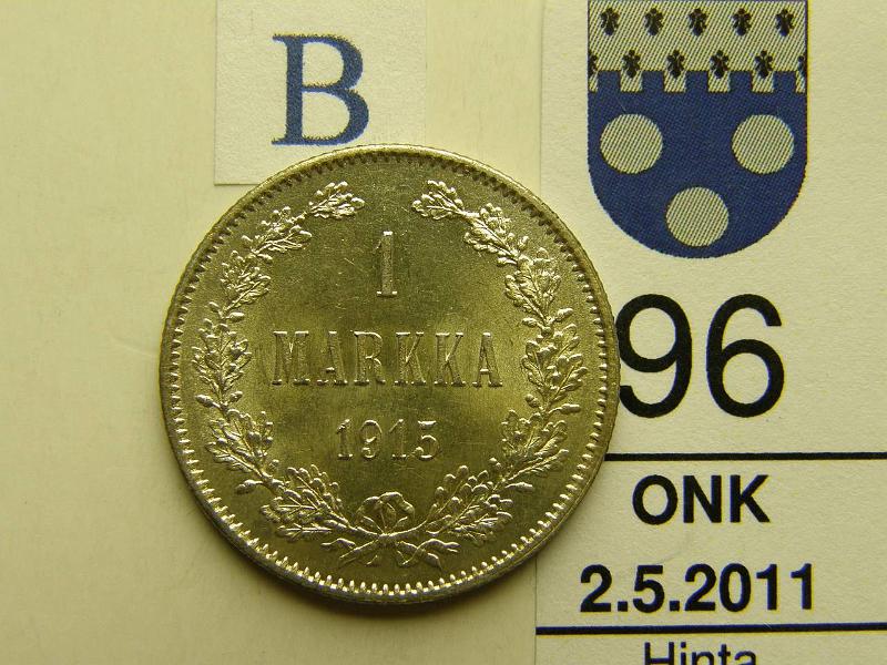 kohde_096_b.jpg - Kohde 96, arvopuoli, lhthinta: 15 € 1 mk 1915 Ag, kunto: 9.