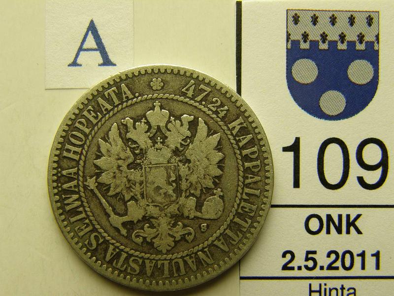 kohde_109_a.jpg - Kohde 109, tunnuspuoli, lhthinta: 15 € 2 mk 1865 Ag, SNY 293.2, kunto: 3/4.