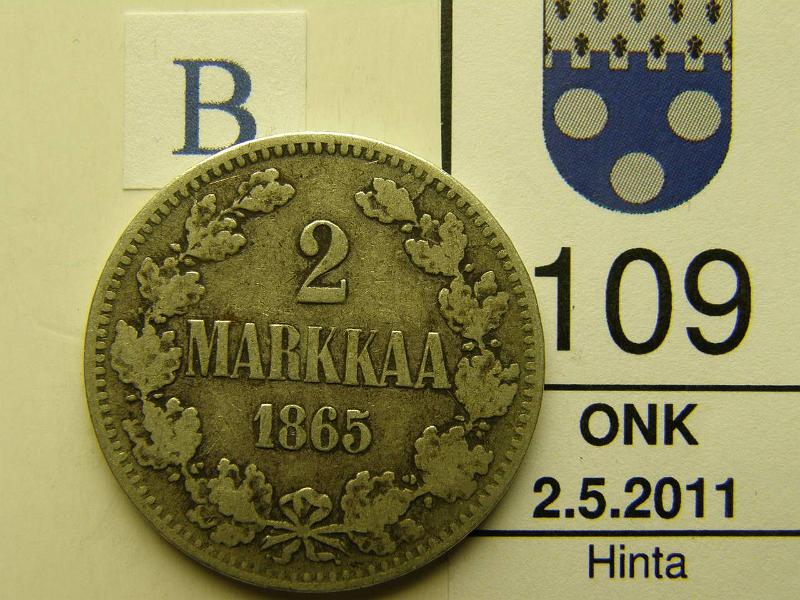 kohde_109_b.jpg - Kohde 109, arvopuoli, lhthinta: 15 € 2 mk 1865 Ag, SNY 293.2, kunto: 3/4.