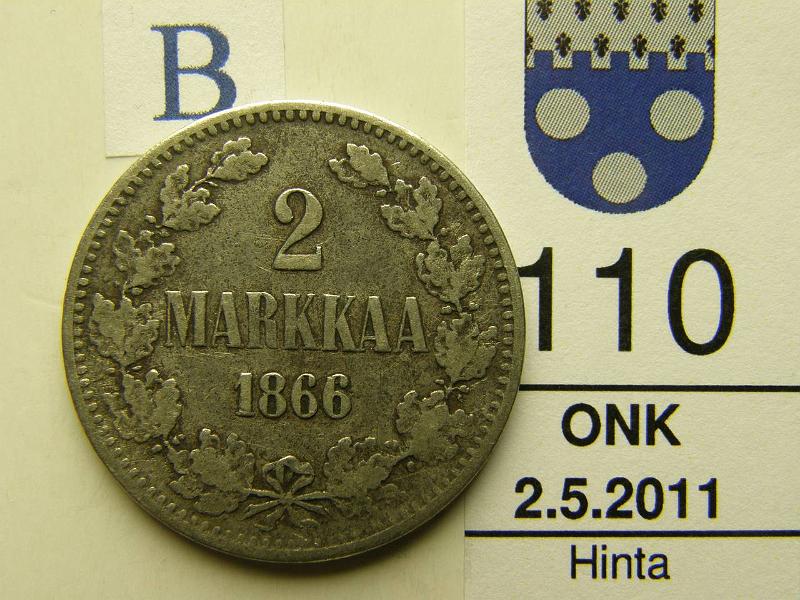 kohde_110_b.jpg - Kohde 110, arvopuoli, lhthinta: 15 € 2 mk 1866 Ag, SNY 294.1, kunto: 4.