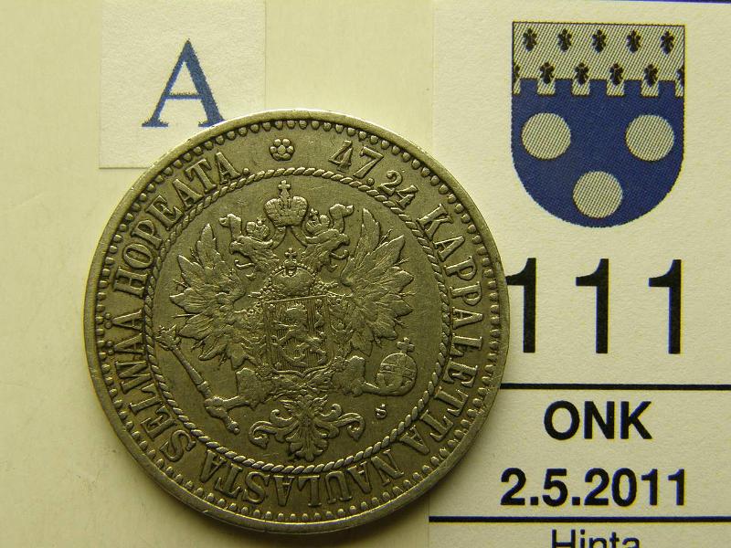 kohde_111_a.jpg - Kohde 111, tunnuspuoli, lhthinta: 18 € 2 mk 1866 Ag, SNY 294.1, kunto: 5.