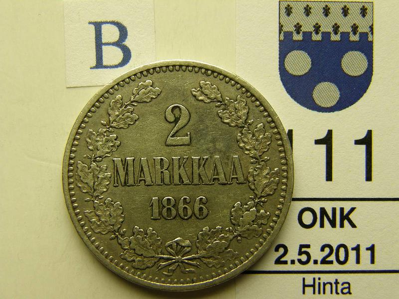 kohde_111_b.jpg - Kohde 111, arvopuoli, lhthinta: 18 € 2 mk 1866 Ag, SNY 294.1, kunto: 5.