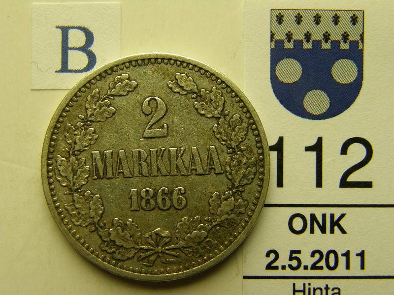 kohde_112_b.jpg - Kohde 112, arvopuoli, lhthinta: 18 € 2 mk 1866 Ag, SNY 294.1, eprv, kunto: 5.